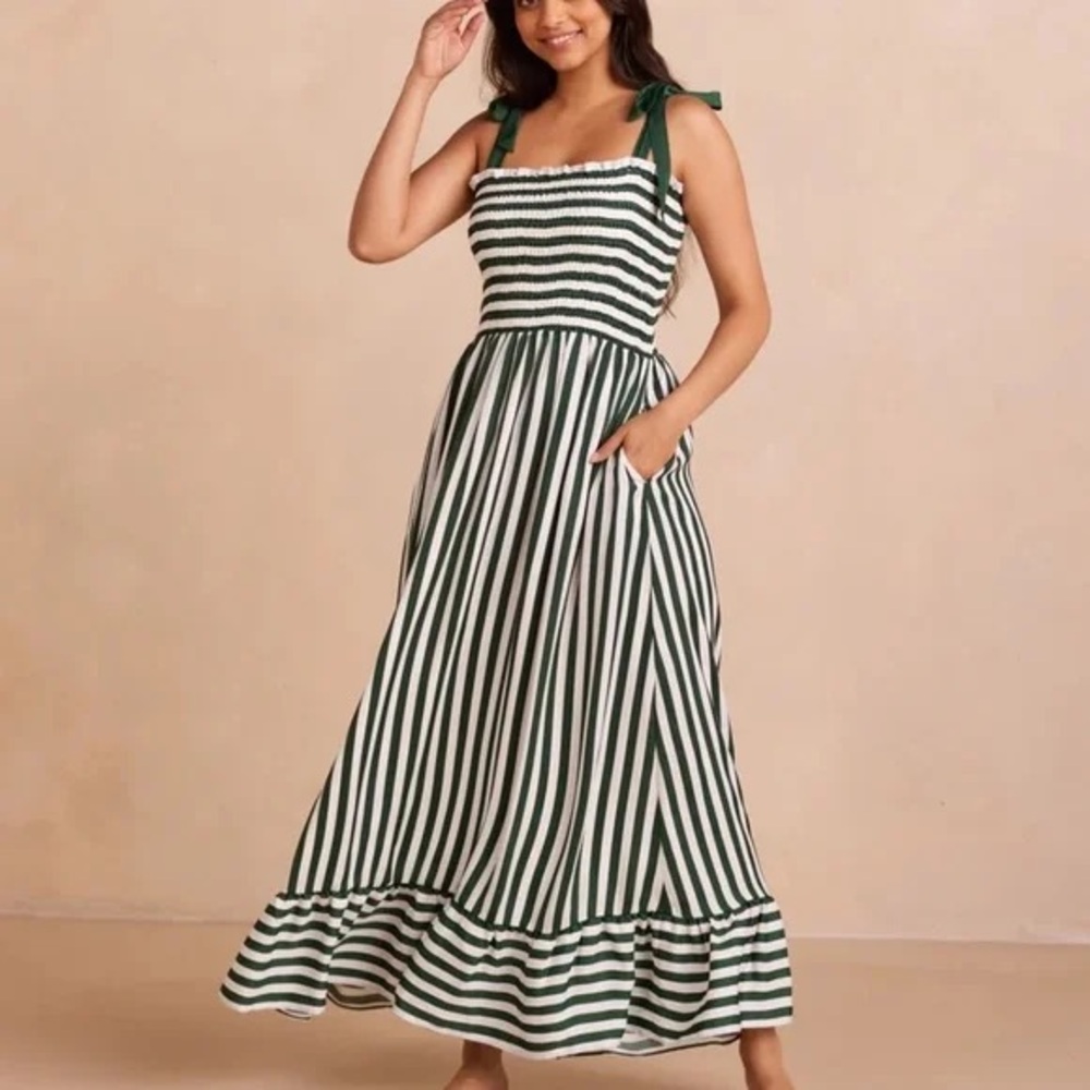 summersalt Green and White Striped Maxi Dress with Tie Straps